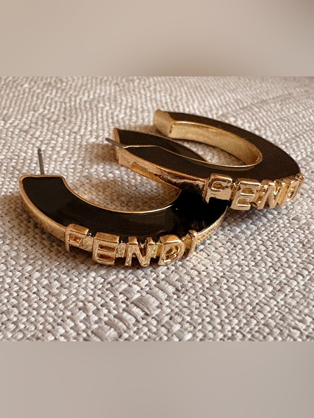 Fendi Black Enamel Hoop Earrings with Gold Logo Accents - Picture 4 of 6